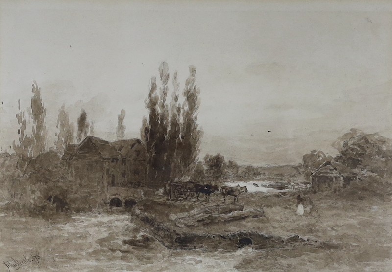 John Steeple (1823-1887), monochrome watercolour, Horse and cart beside a watermill, signed and dated '78, 24 x 34cm